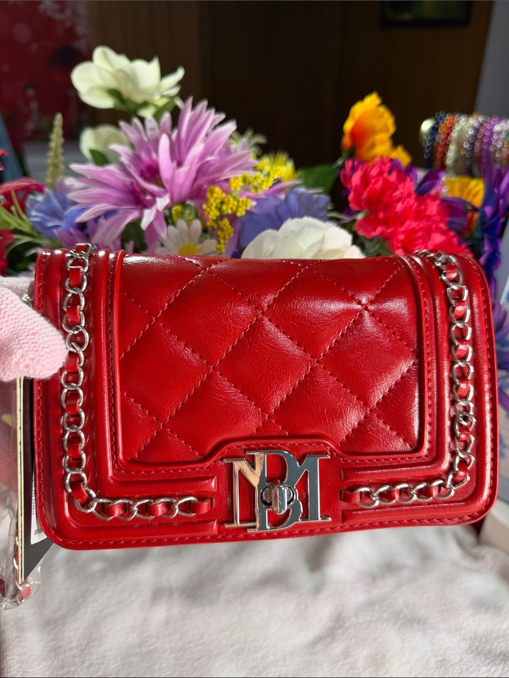 Badgley mischka Red Quilted Leather Chain-Trim Crossbody